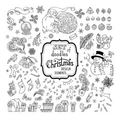 Vector set of doodles Christmas signs, symbols, decorations and design elements on white background.