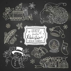 Vector set of chalk doodles Christmas design elements on blackboard background.