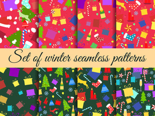 Seamless patterns Christmas. Winter pattern with Christmas symbols. Vector illustration.