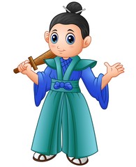 Cartoon japanese samurai warrior with wooden sword