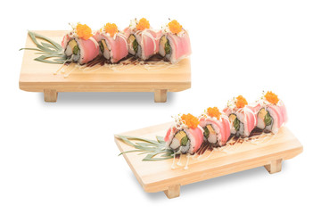 Tuna sushi roll isolated on white with clipping path.