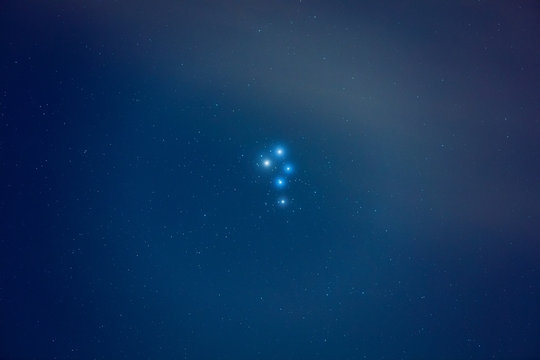 Star cluster Pleiades photographed through a telescope.