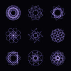Abstract violet neon shape and fractal collection in vector
