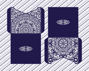 Vector wedding invitation with laser cut pattern. Laser cut envelope, laser cut design, mandala, ethnic style laser cut wedding invitation. Collection envelopes for laser cutting Mandala