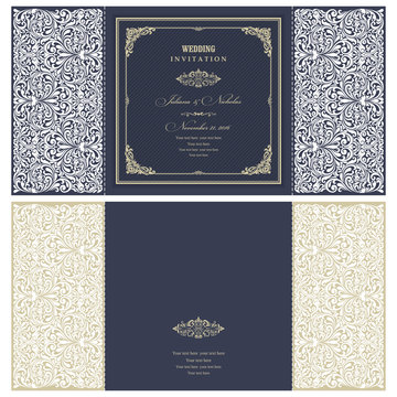 Wedding Invitation Baroque. Template for laser cutting. Open card. The front and rear side. It can be used as an envelope.