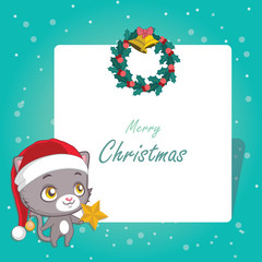 Christmas greeting card with a cute gray cat
