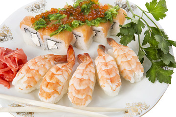 Sushi and tiger shrimps on a white background