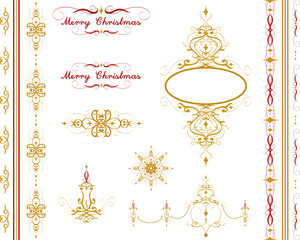 Gorgeous Merry Christmas ornament set. Holiday vector background set. Beautiful decoration in red, brown colours. Old fashioned pattern. Christmas candle. Snowflake.