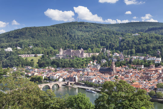 Old town with Karl-Theodor-Bridge (Old Bridge), Heilig Geist Church and Castle, Neckar River, Heidelberg, Baden-Wurttemberg, Germany
