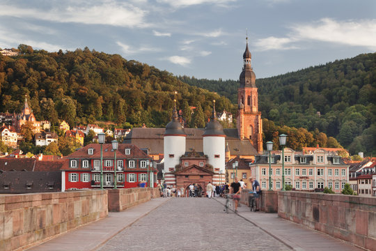 Old town with Karl-Theodor-Bridge (Old Bridge), Gate and Heilig Geist Church, Heidelberg, Baden-Wurttemberg, Germany