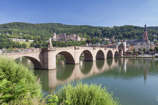 Old town with Karl-Theodor-Bridge (Old Bridge), Heilig Geist Church and Castle, Neckar River, Heidelberg, Baden-Wurttemberg, Germany
