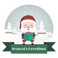 Christmas greeting and banner with Santa holding a present