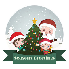 Greeting of Santa and elves with Christmas tree