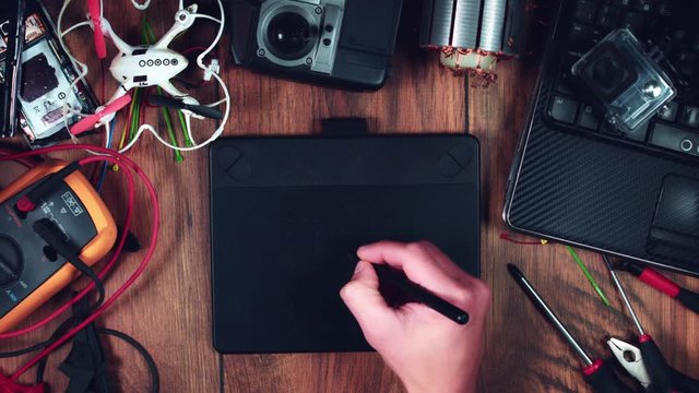 4k Technology Composition from Above of Hand Sketching with Touch Pen