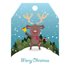 Cute reindeer holding a bell on snowy background tag