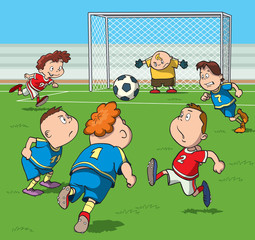 Kids playing football in the stadium. Cartoon vector illustration