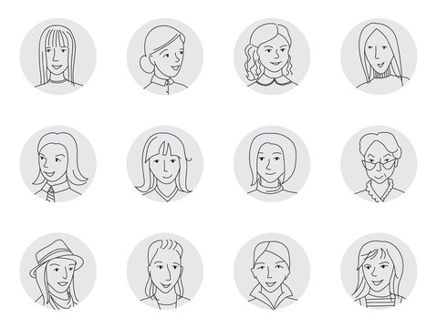 Women avatar set thin line vector