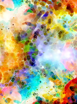 Abstract colorful watercollor design with flower and spots. computer art.