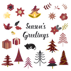 Hand Drawn Set of Christmas Trees, Ornaments, Gifts, Flowers, Branches, Plants for Holiday Celebrations Cards and Elements for Decorative Signs