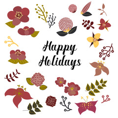 Hand Drawn Set of Flowers, Branches, Plants for Holiday Celebrations Cards and elements for Decorative Signs