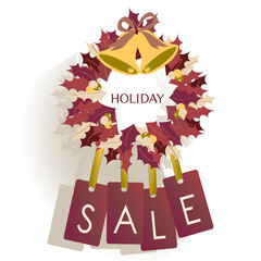 Holiday Sale Tags on Christmas Wreath with Bells, Berries, and Leaves
