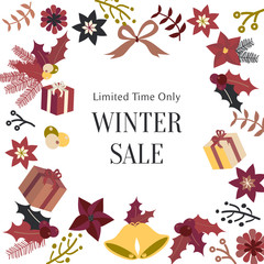 Isolated Illustrated Christmas Elements Set of Gifts, Bells, Ribbons, Flowers, Plants, and Branches, Arranged on Border with Texts Winter Sale