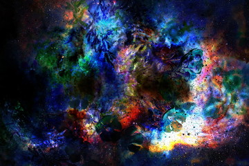 Fototapeta na wymiar Cosmic space with flowers, color galaxy background, computer collage.
