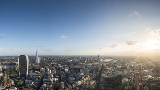 A view of London with 20 Fenchurch Street (The Walkie Talkie) and The Shard most prominent from the rooftop of Tower 42 in the City of London, London