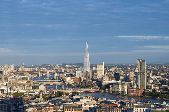 A view of London and the River Thames from the top of Centre Point tower including The Shard, Tate Modern and Tower Bridge, London