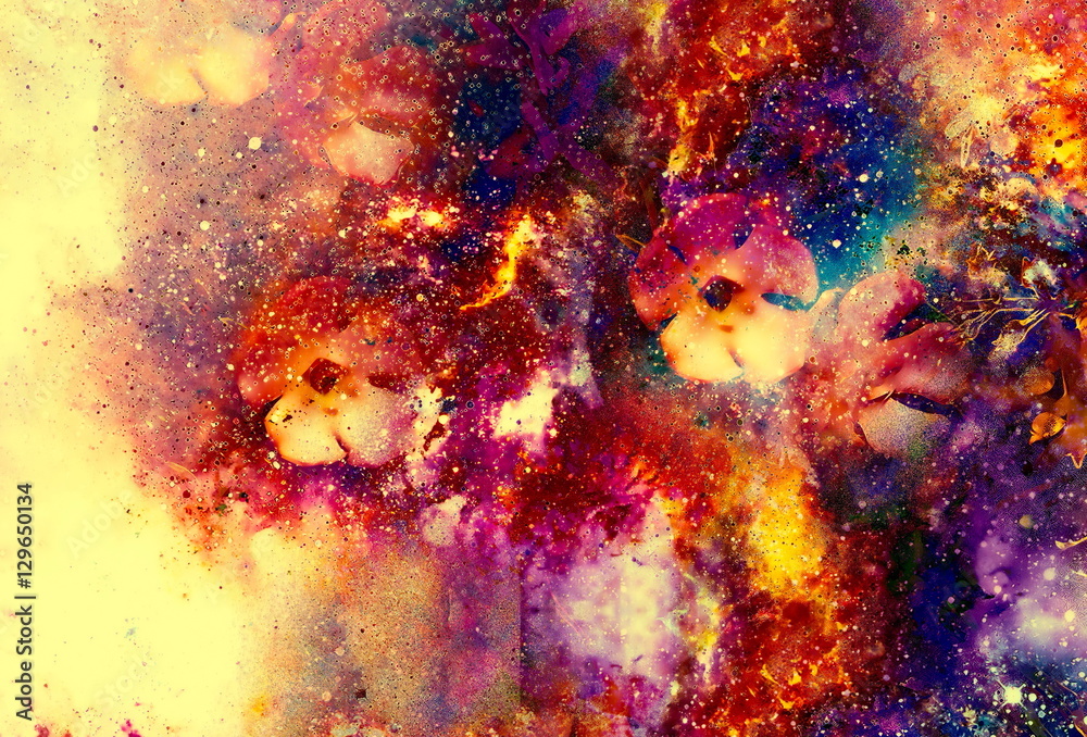 Poster abstract multicolor flower motive collage with dynamic fire effect in space.