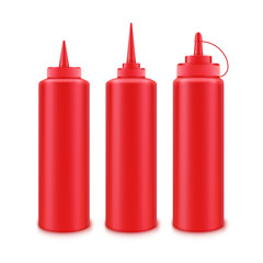 Set of Blank Plastic Red Tomato Ketchup Bottle without label