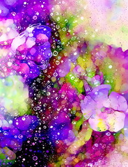 beautiful abstract collage with flower motive and sprinkling bubbles, computer art.