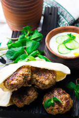 Chicken Kafta Kebabs with pita and tzatziki