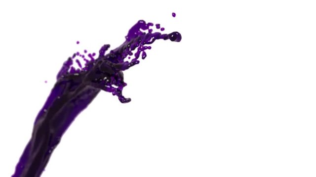 flying purple fluid stream in slow motion DOF. Clear liquid