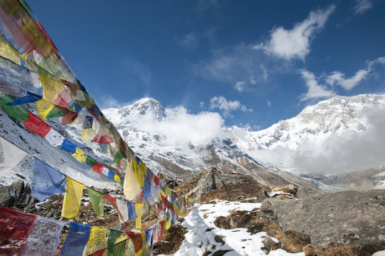 Buddhist prayer flags at Annapurna Base Camp, Nepal, Himalayas