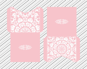 Vector wedding invitation with laser cut pattern. Laser cut envelope, laser cut design, mandala, ethnic style laser cut wedding invitation. Collection envelopes for laser cutting Mandala