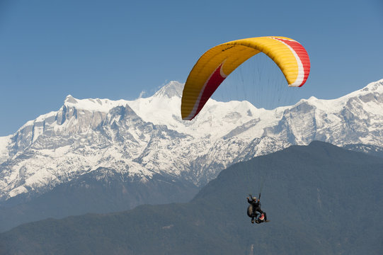 A tandem paraglider flys above Pokhara with views of the Annapurnas, Nepal, Himalayas