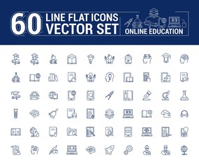 Vector graphics set. Online education. Distance learning. Internet training student. Concept home schooling in inear, contour, thin, flat, design. Element, emblem, symbol, icon, sign, for web site.