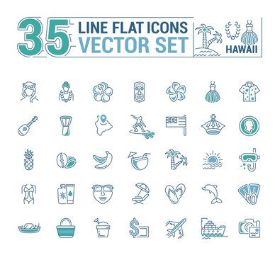 Vector graphics set. Illustration of Hawaii islands in a linear, flat, contour, thin design. Concept of silhouette, logo, element, symbol, logo for the Internet Web site.