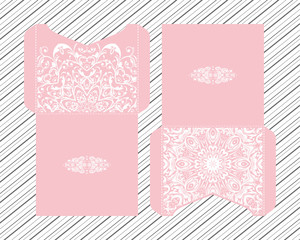 Vector wedding invitation with laser cut pattern. Laser cut envelope, laser cut design, mandala, ethnic style laser cut wedding invitation. Collection envelopes for laser cutting Mandala