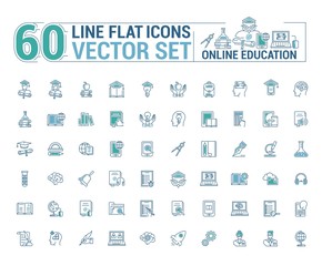 Vector graphics set. Online education. Distance learning. Internet training student. Concept home schooling in inear, contour, thin, flat, design. Element, emblem, symbol, icon, sign, for web site.