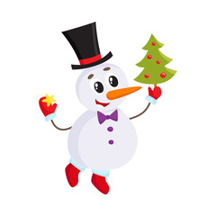 Cute and funny little snowman decorating a Christmas tree, cartoon vector illustration isolated on white background. Funny snowman in cylinder hat with an Xmas tree, holiday season decoration element