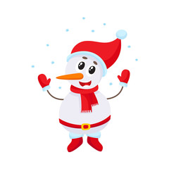 Cute and funny little snowman under falling snow, cartoon vector illustration isolated on white background. Funny snowman in hat and mittens happy with snowfall, Christmas season decoration element