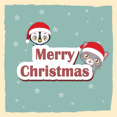 Cute Christmas greeting with penguin and cat