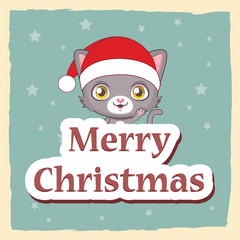 Cute Christmas greeting with cat in Santa hat