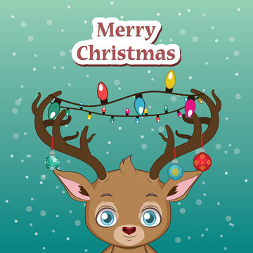 Reindeer with decorated antlers and festive text above him