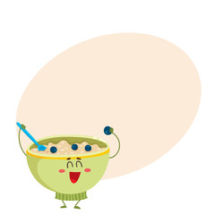 Cute and funny bowl of cereal, corn flakes, oatmeal porridge character, cartoon vector illustration on background with place for text. Funny smiling bowl of oats, cereal, porridge mascot