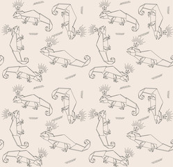 Thin Line Lizards And Crown. Paper Origami Style. Vector Seamless Pattern. Stylish Modern Print. Cute Background For Website, Texture, Fabric. Lizard Squad. Lizards Origami.
