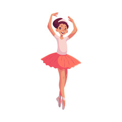 Little ballerina in pink tutu standing on toes, cartoon style vector illustration isolated on white background. Little ballet dancer in pink tutu, classical ballet, sixth position, toe stand, hands up