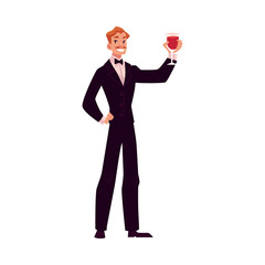 Man in 1920s style smoking and bow tie at a vintage party, cartoon style vector illustration isolated on white background. Young man in stylish black vintage suit holding a glass of wine